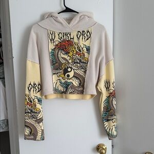 PacSun Beige and Yellow Dragon Graphic Cropped Hoodie